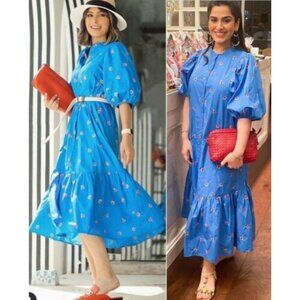 ZARA Floral Embroidery Puff Sleeve Tiered Blue Shirt Midi Dress Size S